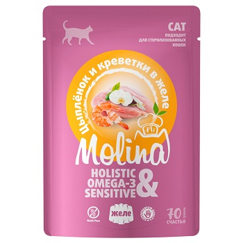 Molina Пауч для взрослых кошек. Цыпленок и креветки в желе, 70 г