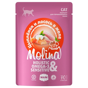 Molina Пауч для взрослых кошек. Цыпленок и лосось в желе, 70 г