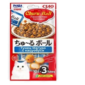Inaba Ciao Churu Ball Лакомство-топпинг дЛЯ кошек с тунцом Магуро с кацуобуси, УПАК.3*10г