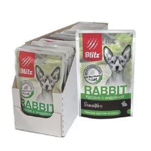 BLITZ Sensitive Sterilised Мясные кусочки в соусе для стерилизованных кошек (кролик/индейка) 85гр.