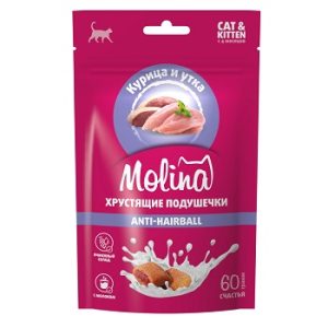 Molina Лакомство для кошек и котят "Хрустящие подушечки с начинкой из курицы и утки", Anti-Hairball,