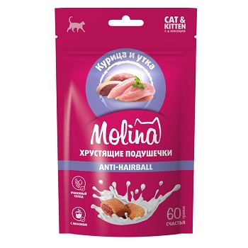 Molina Лакомство для кошек и котят "Хрустящие подушечки с начинкой из курицы и утки", Anti-Hairball,