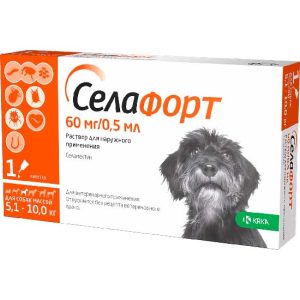 СЕЛАФОРТ 12% Капли от блох, клещей и гельминтов 60мг для собак массой 5-10,0 кг, упак.1 пип.