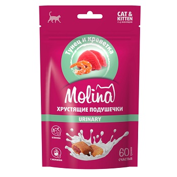 Molina Лакомство для кошек и котя "Хрустящие подушечки с начинкой из тунца и креветок", Urinary, 60