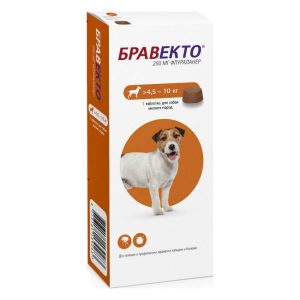 Таблетка БРАВЕКТО от блох и клещей для собак от 4,5 до 10 кг, 1 таблетка, 250 мг