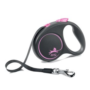 Поводок-рулетка  "Flexi", "BLACK DESIGN",S ремень  5 м до 15 кг, чёрный с розовым  элементом.